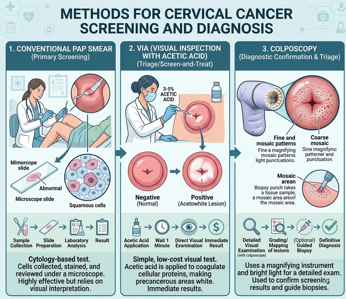 Infographic comparing Pap Smear, VIA (Visual Inspection with Acetic Acid), and Digital Colposcopy methods for cervical cancer screening and diagnosis.