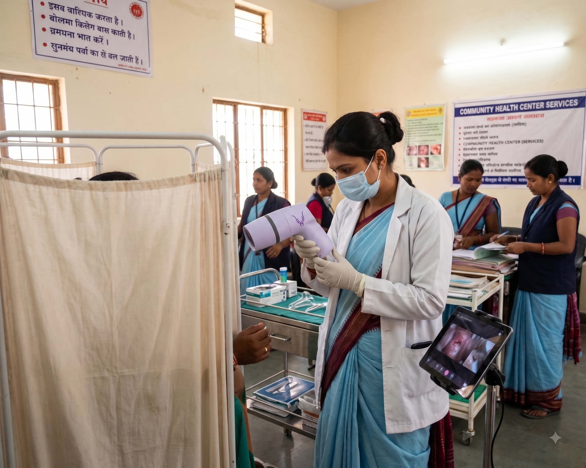 Healthcare worker conducting point-of-care cervical screening using GrivaVision digital colposcope in a community health center.
